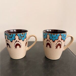 Clay Hart Mugs By Elama- Tan with Turquoise Accents (Set of 2)